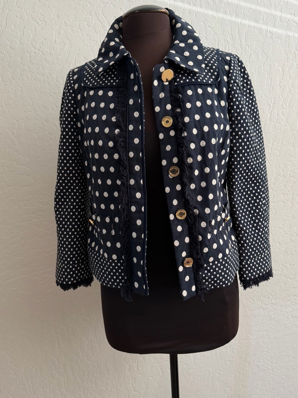 Tory Burch Leonora Polka Dot Fringe Navy Blue Jacket